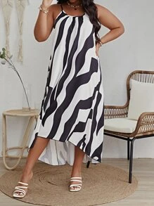 SHEIN VCAY Plus Wave Striped Print High Low Cami Dress - Black and White - View 5