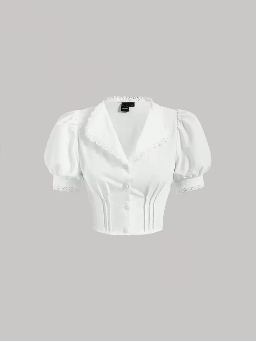 SHEIN MOD Puff Sleeve Lace Trim Crop Shirt - White - View 1