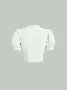 SHEIN MOD Puff Sleeve Lace Trim Crop Shirt - White - View 2