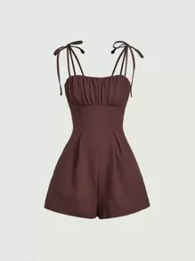 SHEIN MOD Tie Shoulder Ruched Bust Corset Cami Romper - Chocolate Brown - View 1