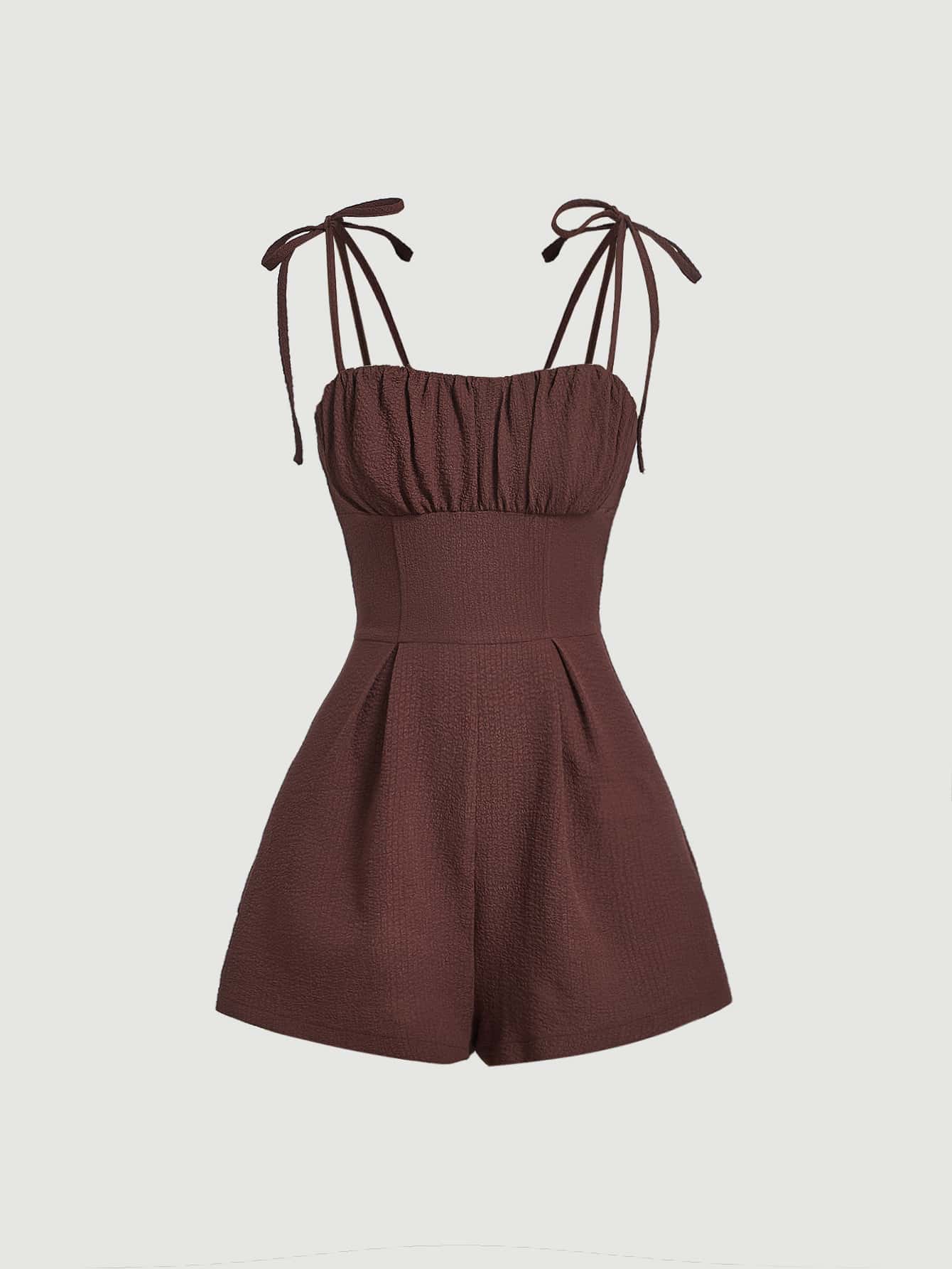 SHEIN MOD Tie Shoulder Ruched Bust Corset Cami Romper - Chocolate Brown - View 1