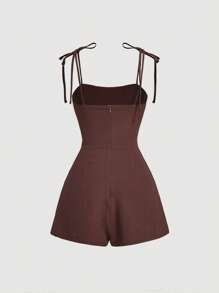 SHEIN MOD Tie Shoulder Ruched Bust Corset Cami Romper - Chocolate Brown - View 2