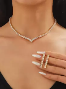 1 Vòng cổ mặt dây chuyền Zirconia khối hình học & 1 Bộ bông tai Zirconia khối hình học, Phụ kiện trang phục trang trọng thời trang cho bữa tiệc tối - Vàng - Xem 1