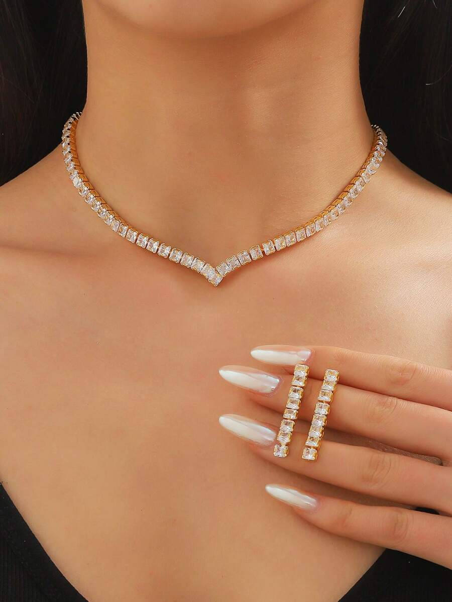 1 Vòng cổ mặt dây chuyền Zirconia khối hình học & 1 Bộ bông tai Zirconia khối hình học, Phụ kiện trang phục trang trọng thời trang cho bữa tiệc tối - Vàng - Xem 1