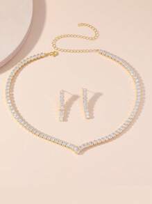 1 Vòng cổ mặt dây chuyền Zirconia khối hình học & 1 Bộ bông tai Zirconia khối hình học, Phụ kiện trang phục trang trọng thời trang cho bữa tiệc tối - Vàng - Xem 2