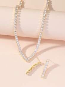 1 Vòng cổ mặt dây chuyền Zirconia khối hình học & 1 Bộ bông tai Zirconia khối hình học, Phụ kiện trang phục trang trọng thời trang cho bữa tiệc tối - Vàng - Xem 3