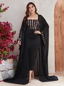 YISIKADO Đầm Plus Size Tương phản Mesh ghép mộng kim sa Sọc Buổi tiệc - màu đen - Xem 1