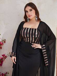 YISIKADO Đầm Plus Size Tương phản Mesh ghép mộng kim sa Sọc Buổi tiệc - màu đen - Xem 3