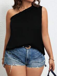 SHEIN Unity áo nữ kích thước lớn viền lá sen màu trơn Giải trí - màu đen - Xem 1