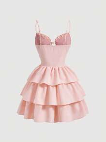 SHEIN MOD 褶邊前繫帶吊帶連衣裙 - 淺粉色 - 查看 2