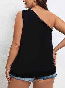 SHEIN Unity áo nữ kích thước lớn viền lá sen màu trơn Giải trí - màu đen - Xem 2