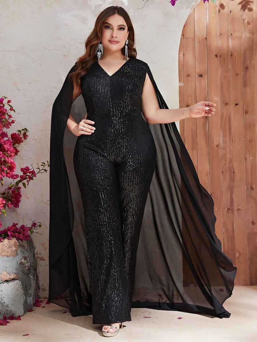 YISIKADO Plus Cloak Sleeve Sequin Cape Jumpsuit - Black - View 1