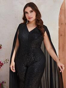 YISIKADO Plus Cloak Sleeve Sequin Cape Jumpsuit - Black - View 3