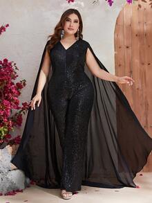 YISIKADO Plus Cloak Sleeve Sequin Cape Jumpsuit - Black - View 4
