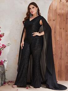 YISIKADO Plus Cloak Sleeve Sequin Cape Jumpsuit - Black - View 6