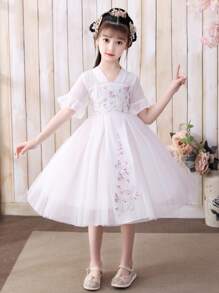 Toddler Girls Floral Embroidery Flounce Sleeve Mesh Overlay Hanfu Dress - White - View 3