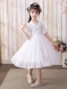 Toddler Girls Floral Embroidery Flounce Sleeve Mesh Overlay Hanfu Dress - White - View 4