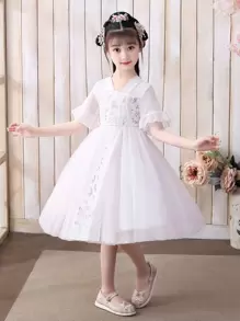 Toddler Girls Floral Embroidery Flounce Sleeve Mesh Overlay Hanfu Dress - White - View 1