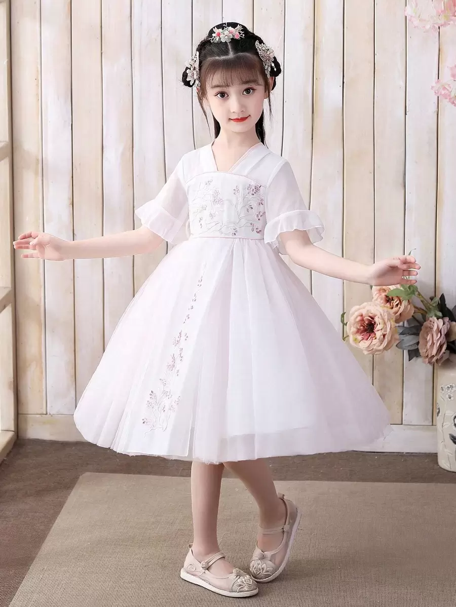 Toddler Girls Floral Embroidery Flounce Sleeve Mesh Overlay Hanfu Dress - White - View 1