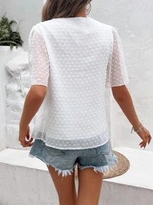 SHEIN Frenchy 花卉刺繡流蘇繫帶領蝴蝶袖荷葉邊下擺襯衫 - 白色 - 查看 2