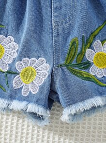 SHEIN Cô Gái Trẻ vui tươi Thêu Hoa Frayed Hem Quần short Denim Với A Phong cách hiện đại Cho mùa hè - Màu xanh lam - Xem 4