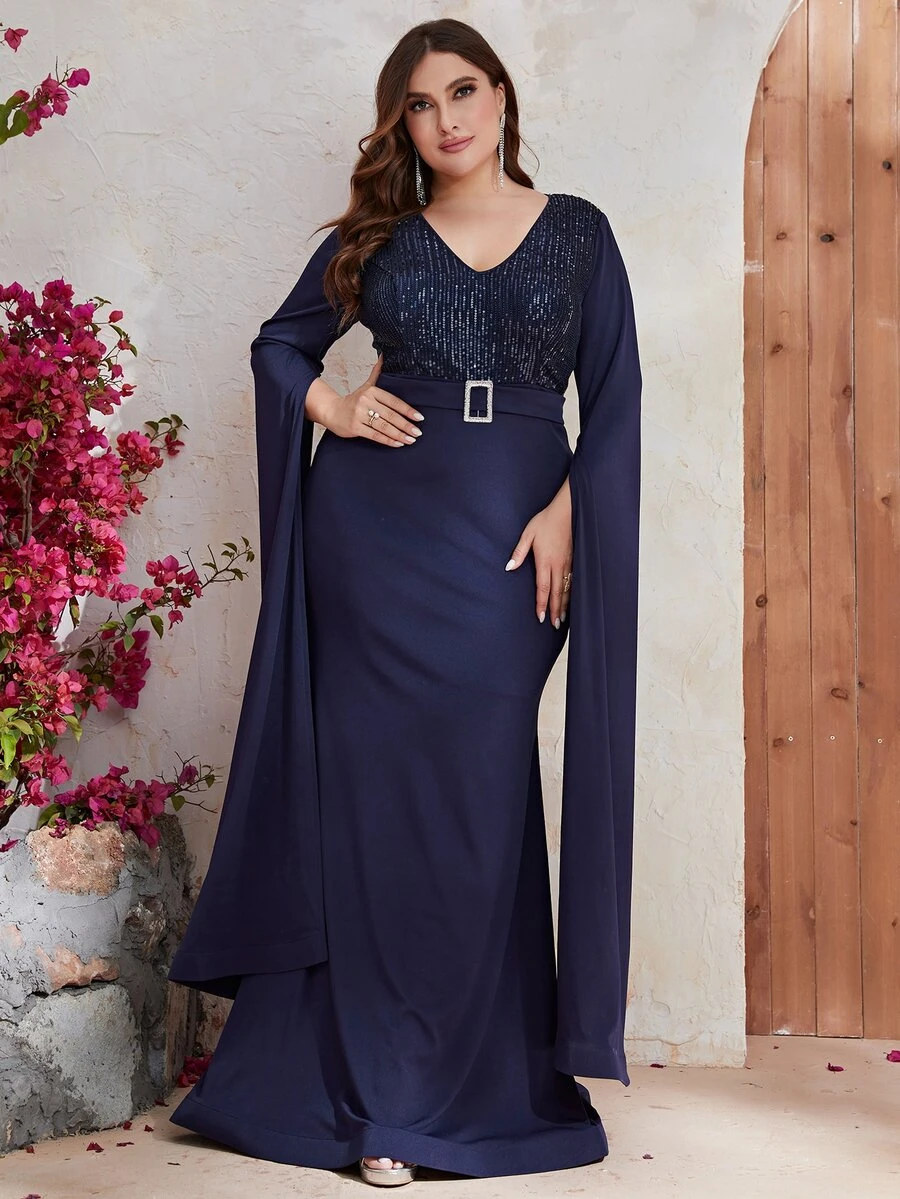 YISIKADO 大碼亮片拼接開衩袖魚尾裙下擺正式洋裝 - 藏蓝色 - 查看 1