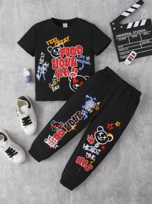 SHEIN Leap Crew 少年男孩口號＆卡通圖形t恤＆運動長褲 - 黑色 - 查看 1