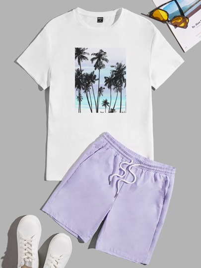 Guys Tropical Print Tee & Drawstring Waist Shorts