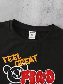 SHEIN Leap Crew 少年男孩口號＆卡通圖形t恤＆運動長褲 - 黑色 - 查看 5