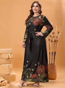 Mulvari 大碼印花繫腰帶連衣裙