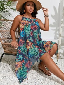 SHEIN Swim Curve Plus Tropical Print Asymmetrical Hem Cami Cover Up Dress - Blue - View 1
