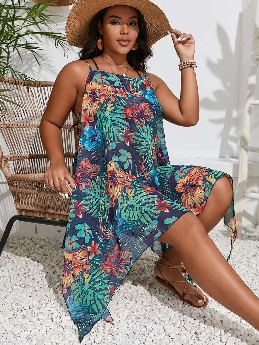 SHEIN Swim Curve Plus Tropical Print Asymmetrical Hem Cami Cover Up Dress - Blue - View 1