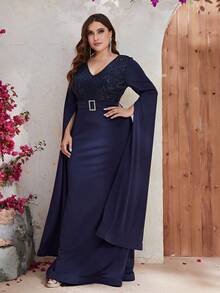 YISIKADO 大碼亮片拼接開衩袖魚尾裙下擺正式連衣裙 - 藏蓝色 - 查看 3