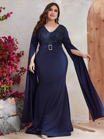 YISIKADO 大碼亮片拼接開衩袖魚尾裙下擺正式連衣裙