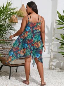 SHEIN Swim Curve Plus Tropical Print Asymmetrical Hem Cami Cover Up Dress - Blue - View 2