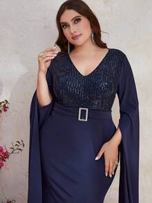 YISIKADO 大碼亮片拼接開衩袖魚尾裙下擺正式連衣裙 - 藏蓝色 - 查看 5