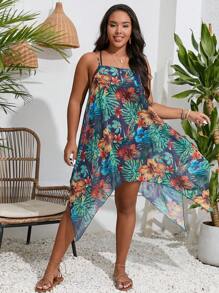 SHEIN Swim Curve Plus Tropical Print Asymmetrical Hem Cami Cover Up Dress - Blue - View 5