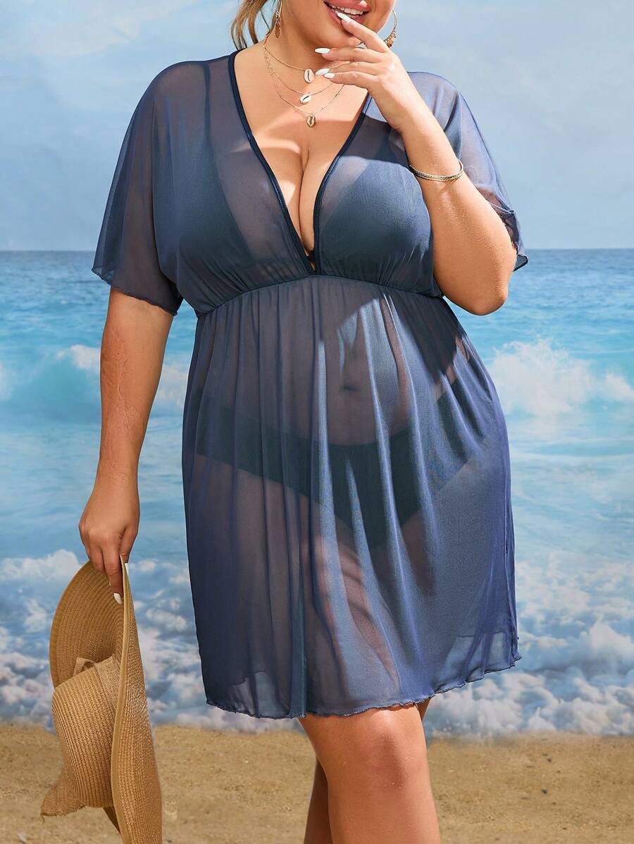 Vestido cover up unicolor de malla transparente - Azul Marino - Ver 1
