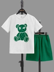 SHEIN Leap Crew Cậu bé Tween In Gấu Áo thun & quần đùi - màu xanh lá - Xem 1