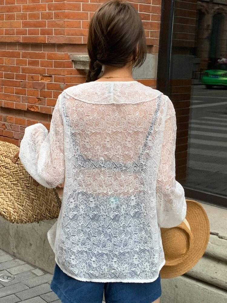 Ruffle Trim Lantern Sleeve Lace Blouse Without Bra Sheer,Fall Women Clothes Long Sleeve Top