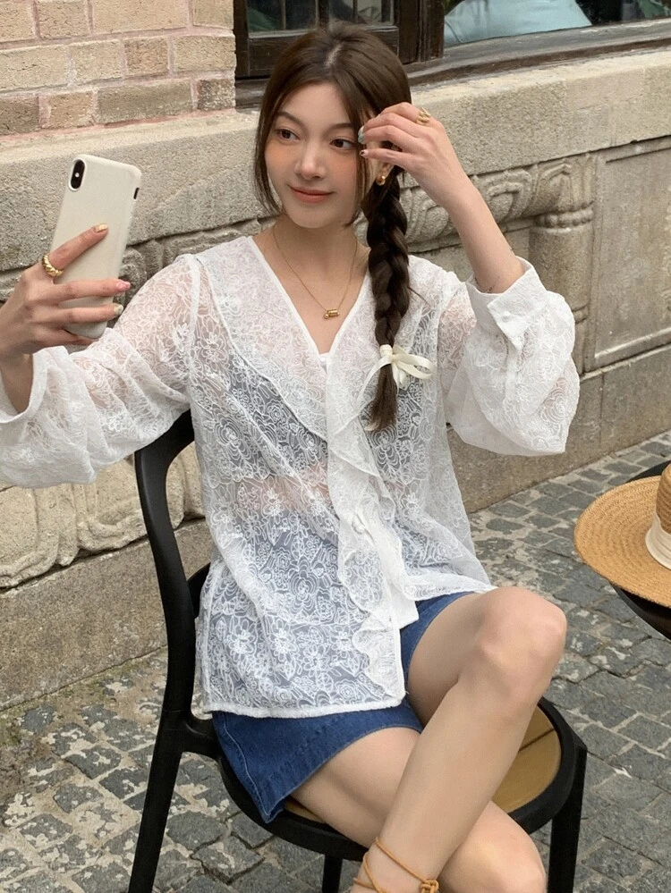 Ruffle Trim Lantern Sleeve Lace Blouse Without Bra Sheer,Fall Women Clothes Long Sleeve Top