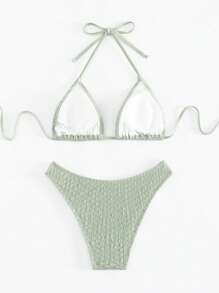 SHEIN Swim Solid Halter Triangle Bikini Set - Mint Green - View 2
