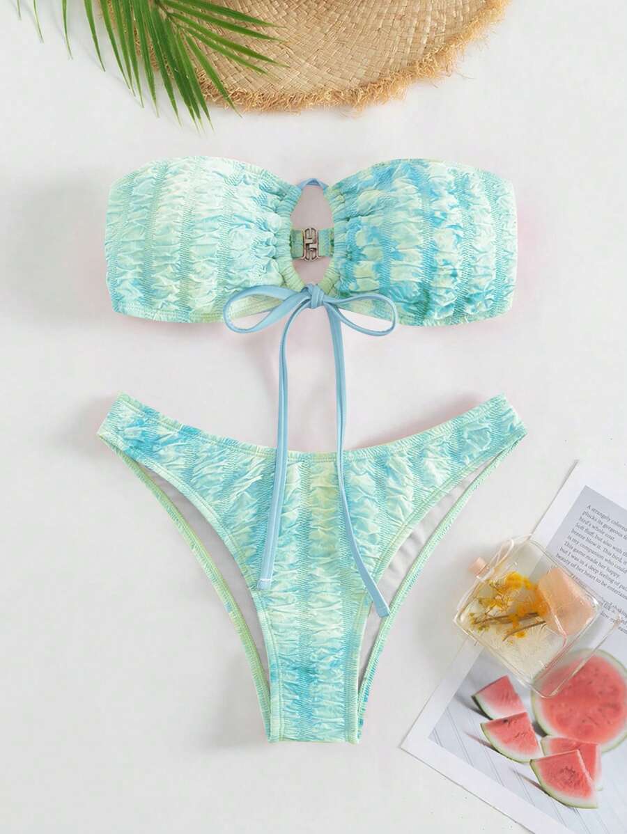 Summer Tie Dye Print Ruched Lace Up Bandeau Bikini Set - Mint Green - View 1
