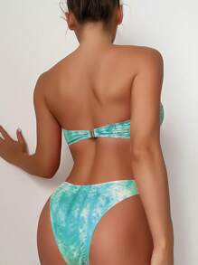 Summer Tie Dye Print Ruched Lace Up Bandeau Bikini Set - Mint Green - View 2