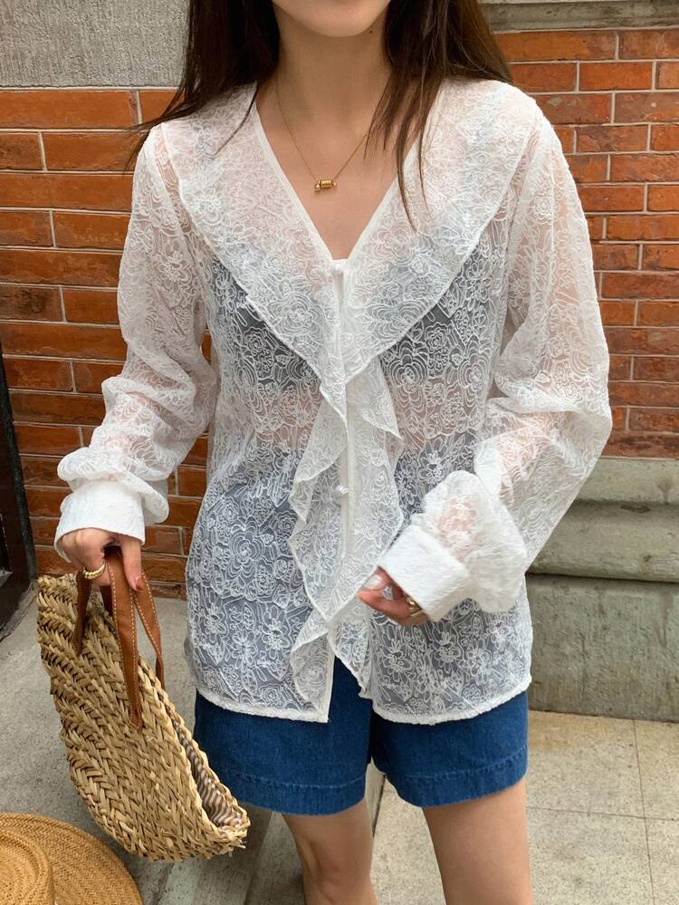 Ruffle Trim Lantern Sleeve Lace Blouse Without Bra Sheer,Fall Women Clothes Long Sleeve Top