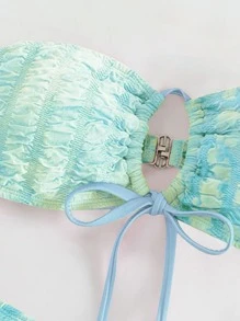 Summer Tie Dye Print Ruched Lace Up Bandeau Bikini Set - Mint Green - View 4