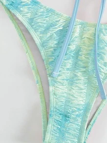 Summer Tie Dye Print Ruched Lace Up Bandeau Bikini Set - Mint Green - View 5