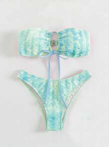 Summer Tie Dye Print Ruched Lace Up Bandeau Bikini Set - Mint Green - View 6