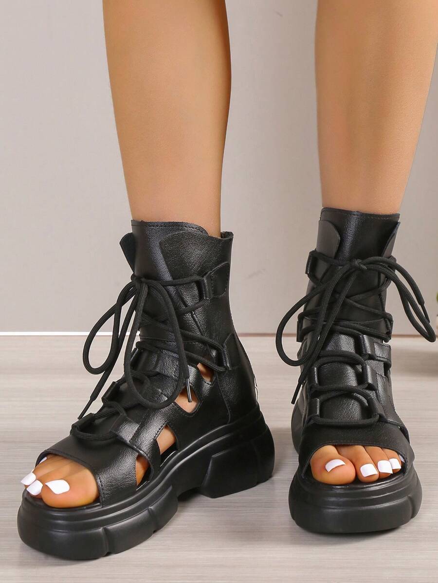 女士前綁帶後拉鍊前綁帶時尚龐克黑色涼鞋靴