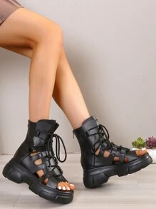 女士前綁帶後拉鍊前綁帶時尚龐克黑色涼鞋靴